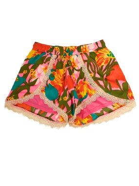 JUDITH MARCH Floral Lace Trim Shorts Small Multicolor Boho Tropical